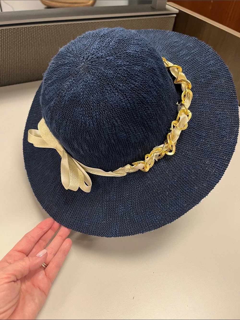 Marcus Adler Women’s Navy Straw like Wide-Brim Hat Gold Chain Trim